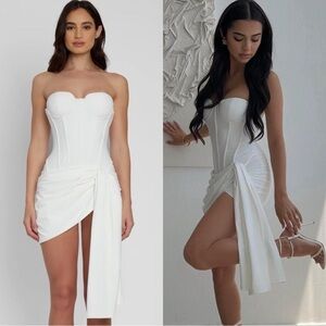 LEAU Capri Corset Bustier Lace Up Draped White Strapless Mini Dress
